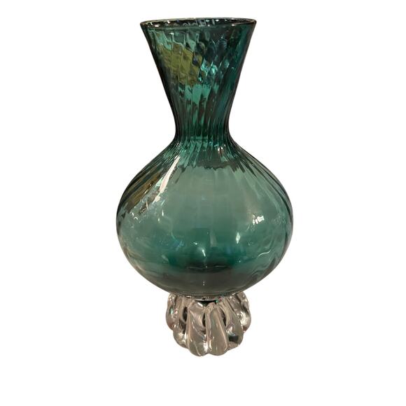 Teal Ribbed Swirled Blown Glass Vase 6.75” Heavy Scalloped Ribbed Base - Picture 1 of 8